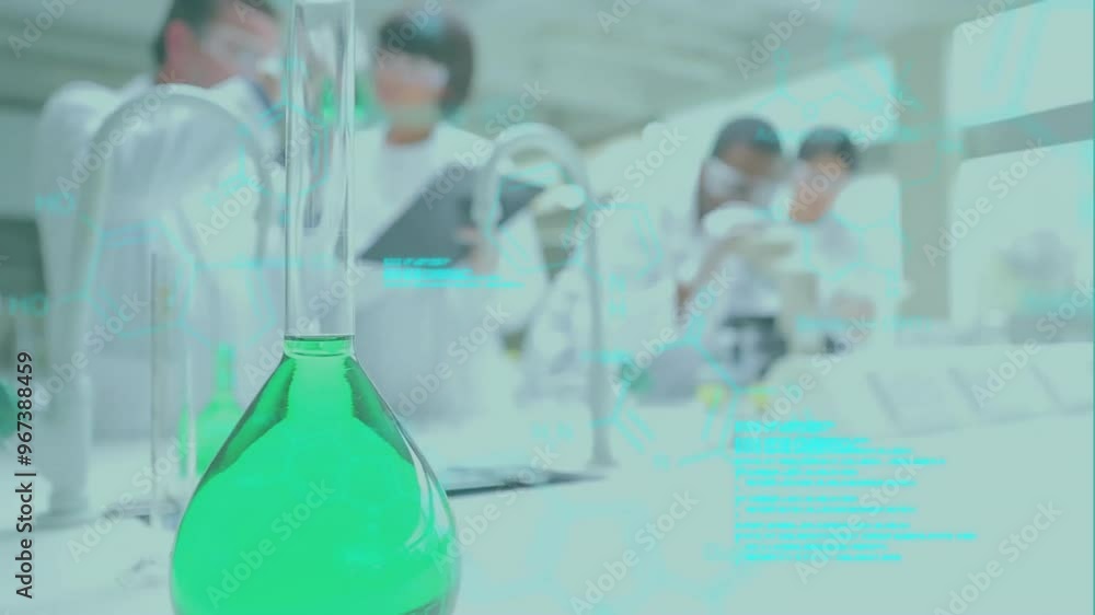 Poster animation of data processing and chemical formula over diverse scientists working in lab