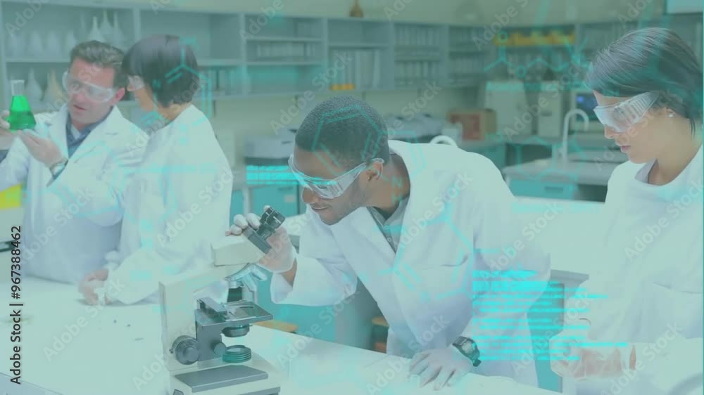 Poster animation of data processing and chemical formula over diverse scientists working in lab