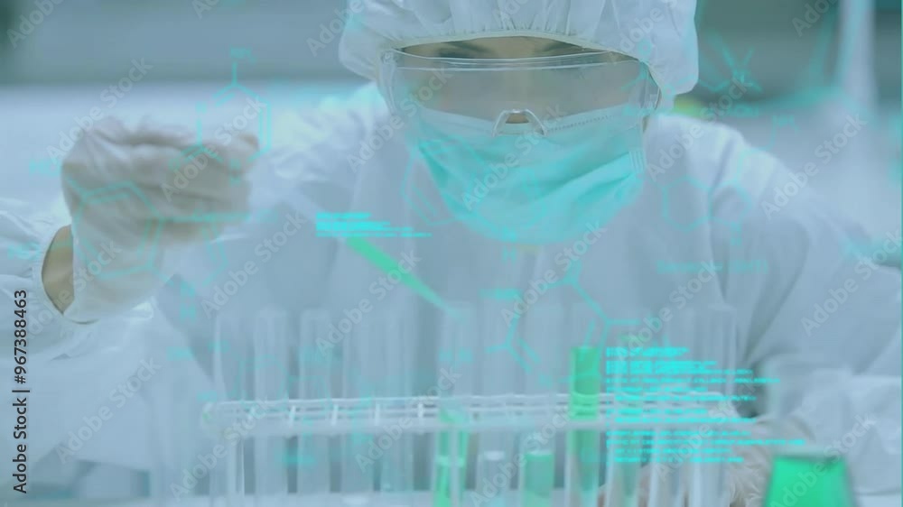Poster animation of data processing and chemical formula over biracial female scientist working in lab