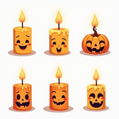 Cute Halloween Themed Candle Emoji Illustrations with Jack-O'-Lantern Faces