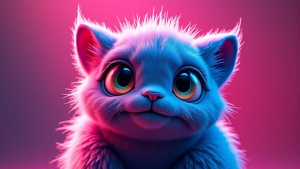 a strange pink and blue cat with yellow eyes on a pink background