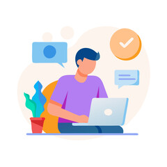 Man working on a laptop at home with chat bubbles and checkmark for remote communication