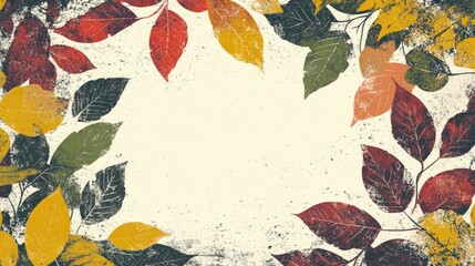 Retro illustration of a border created from dry autumn leaves with green yellow and red foliage on a white background