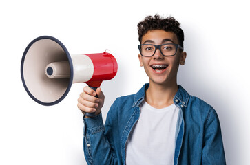 Funny very happy brunette young man wear glasses dent dental tooth braces brackets advertise use...
