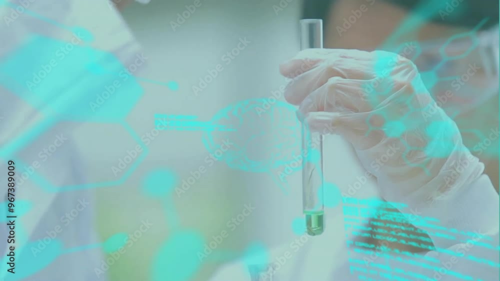 Poster animation of data processing with brains and molecules over diverse scientists working in lab