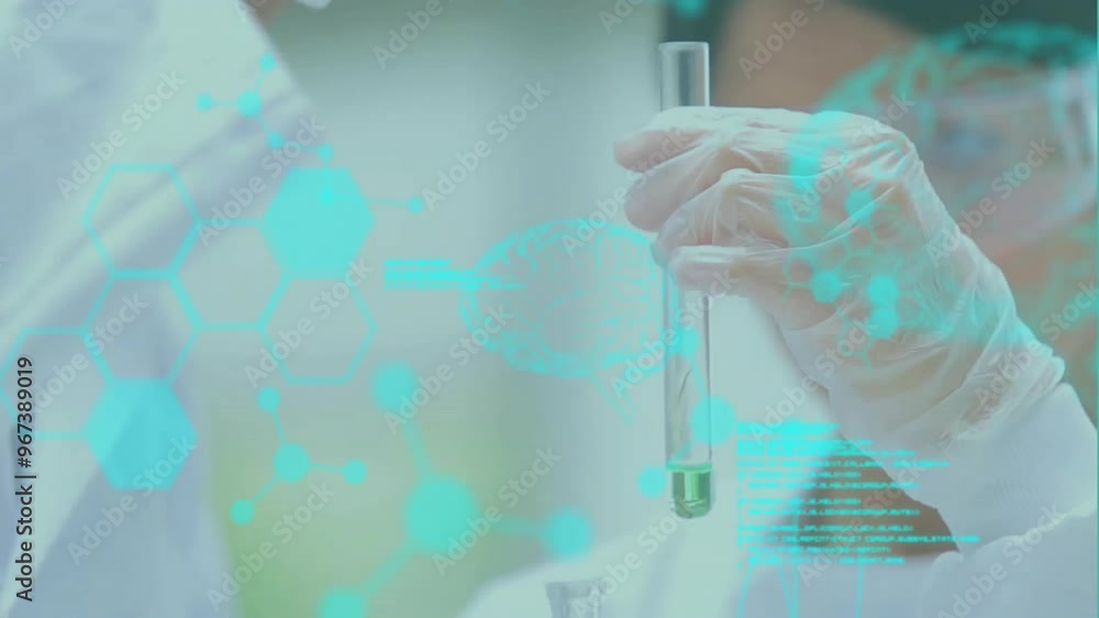 Poster animation of data processing with brains and molecules over diverse scientists working in lab