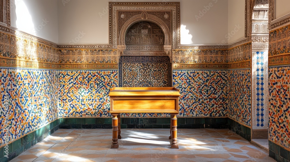Poster elegant andalusian tile pattern with intricate vibrant colors on a feature wall featuring a wooden p