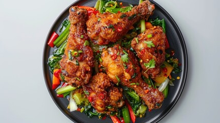 Fototapeta premium Chinese style fried chicken with vegetables on black plate in white background Close up