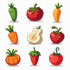 Cute Hand-Drawn Cartoon Vegetables and Fruits Illustration, Featuring Tomatoes, Carrots, Pear, Pepper, and More
