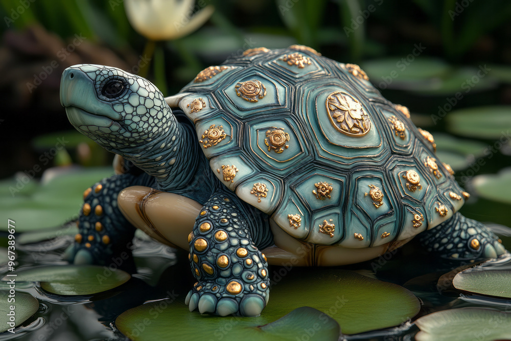 Poster A jade and gold tortoise with an intricately patterned shell,