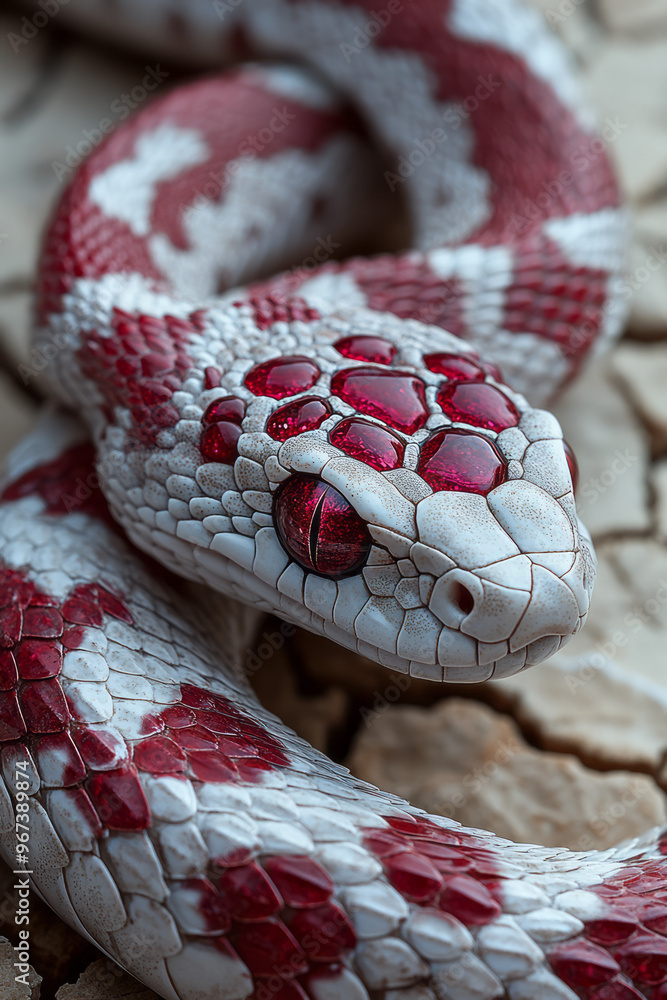Poster a ruby-studded snake coiled in a striking position,