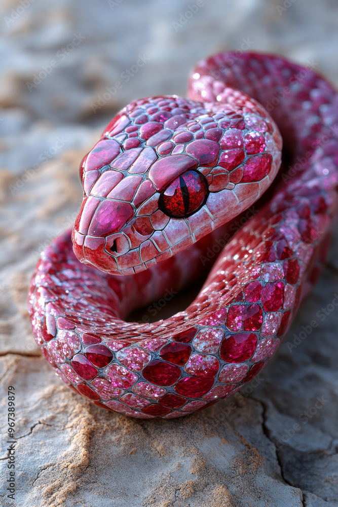 Poster a ruby-studded snake coiled in a striking position,