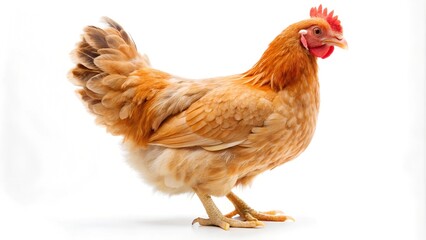 Fototapeta premium A vibrant, detailed close-up of a healthy-looking red hen, isolated against a pure white background.