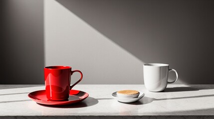 Fototapeta premium Generative AI, A minimalist image of a red mug and white plate on a black surface