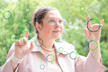 elegant woman advocate planet, teacher in pink blazer gestures towards virtual display points...