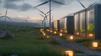 Obraz premium A modern wind farm with transparent turbines and glowing energy storage units, harnessing natural power