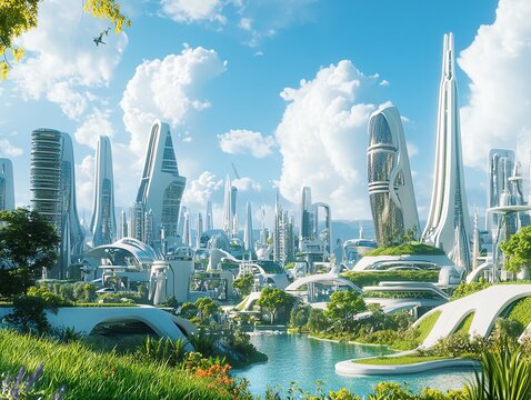 A breathtaking panoramic view of a utopian city