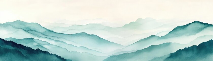 Obraz premium A serene landscape featuring layered mountain silhouettes in soothing shades of blue and green, perfect for nature lovers.