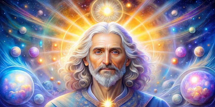 Ashtar Sheran, an ascended master, shines cosmic light from ethereal orbs, guiding humanity towards enlightenment's path.