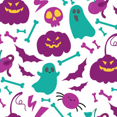 Halloween cozy seamless pattern with ghost, potion, apple, bats, lightning, pumpkins, bones.