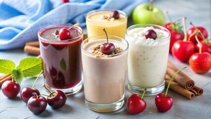 Delicious drinks with fresh cherries and cinnamon on a light background
