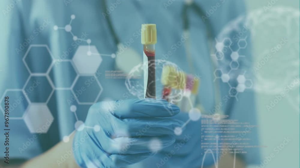 Poster animation of data processing with brains and molecules over caucasian doctor holding vial in lab