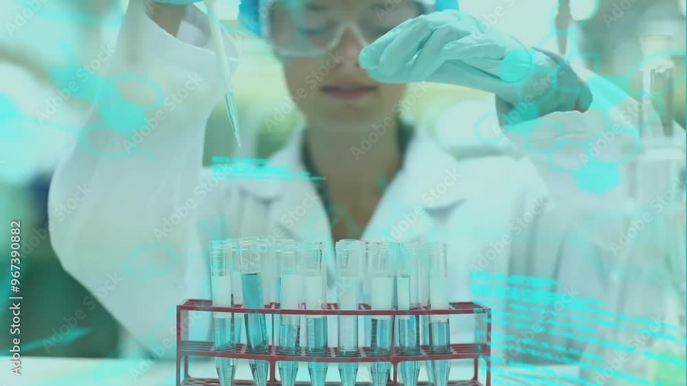 Poster animation of data processing and chemical formula over biracial female scientist working in lab