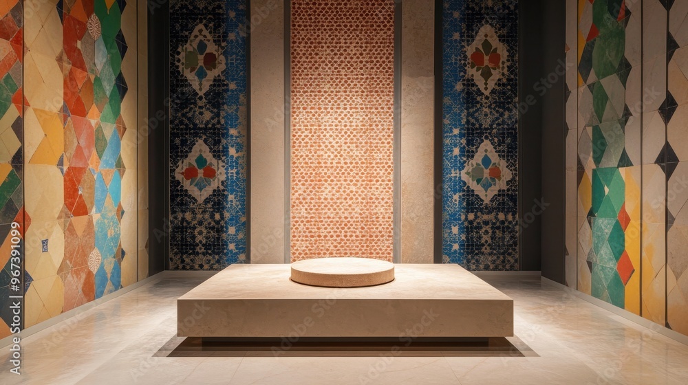 Poster vibrant geometric patterns in an elegant arabic-inspired interior setting with colorful triangular d