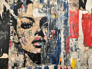 Fototapeta premium Vibrant Urban Art Portrait of Woman with Bold Lines, Rich Textures, and Expressive Features in Torn Paper and Paint, Showcasing Depth, Complexity, and Intensity in Street Art