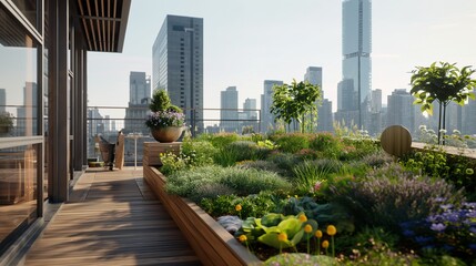 Fototapeta premium An innovative green rooftop with interactive digital gardening tools and holographic flowers, providing urban greenery