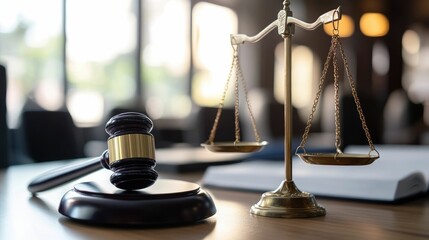 Gavel and scales of justice on a lawyer's desk.