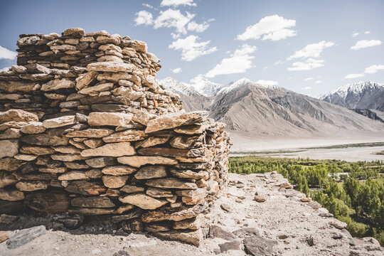 Buddhist stupa Vrang in Pamir highlands in Tajikistan, religious monument of 5th century made of stones