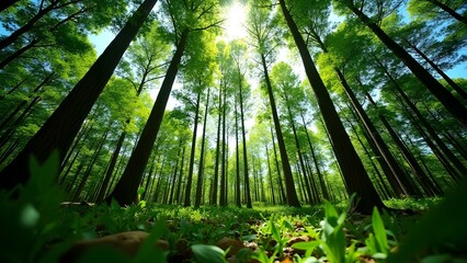 Fototapeta premium Sunlight Beams Through Green Forest Canopy