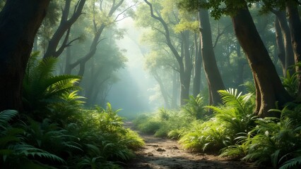 Sunbeams Through Misty Forest Path
