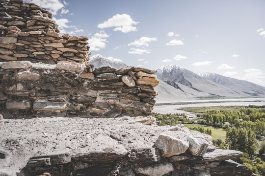 Buddhist stupa Vrang in Pamir highlands in Tajikistan, religious monument of 5th century made of stones