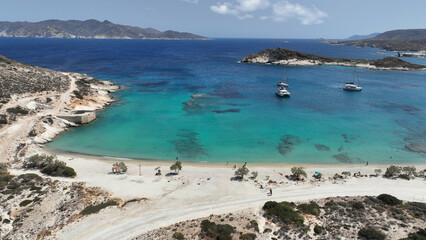 Aerial drone photo of white sandy paradise beach of Prassa with turquoise crystal clear sea voted one of the best in Greece, Kimolos island, Cyclades