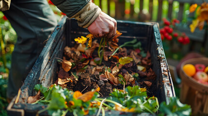 Person composting food waste in backyard compost bin garden