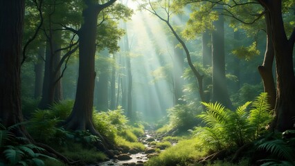 Fototapeta premium Sunbeams Through Misty Forest Path