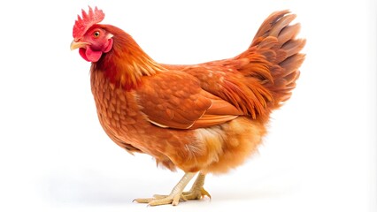 Fototapeta premium A vibrant, detailed close-up of a healthy-looking red hen, isolated against a pure white background.