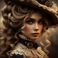 Fototapeta premium Close Up Portrait of a Woman in Olde Melbourne, during Victorian Times, Australia. Circa 1900