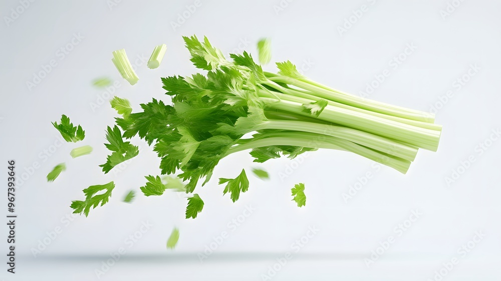 Poster 16. **a 3d render of a falling celery stalk, its crisp texture and vibrant green color set against a