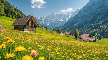 Fototapeta premium Scenic mountain landscape with flowers and rustic cabins.