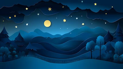Fototapeta premium Night Starry sky with moon paper cut art background 