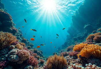 Colorful coral reef teeming with vibrant fish, showcasing marine biodiversity.






