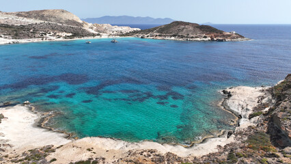 Aerial drone photo of white sandy paradise beach of Prassa with turquoise crystal clear sea voted...