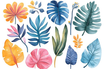 Fototapeta premium Set of tropical colorful hand drawn watercolor leaves isolate don white
