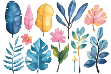 Set of tropical colorful hand drawn watercolor leaves isolate don white