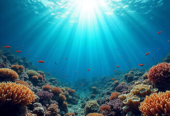 Obraz premium Colorful coral reef teeming with vibrant fish, showcasing marine biodiversity.