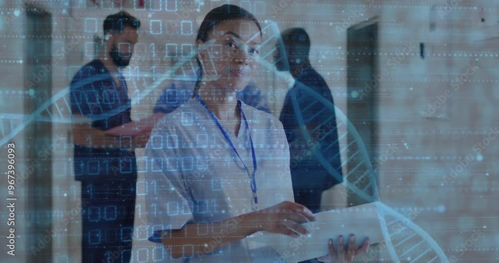Poster animation of data processing and dna strands over diverse doctors working in hospital