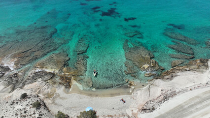 Aerial drone photo of white sandy paradise beach of Prassa with turquoise crystal clear sea voted one of the best in Greece, Kimolos island, Cyclades
